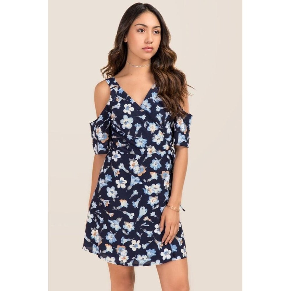 Miami Womens Cold Shoulder Floral Wrap Mini Dress Tie Waist Blue White SZ Medium